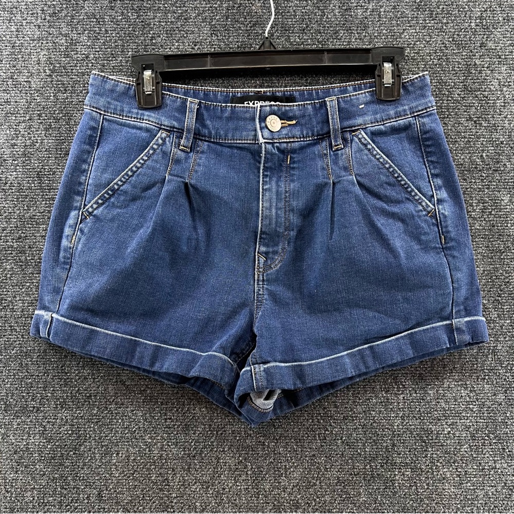 Express Denim Shorts Size 6 Shortie Hi-Rise Pleated Cuffed Dark Wash Summer Cute